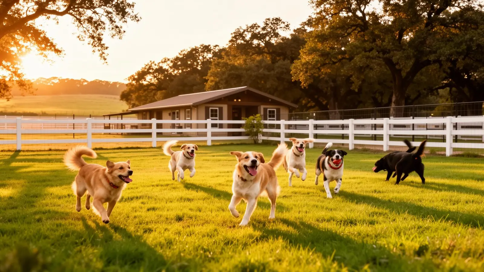Open grass grounds and shaded trees at the Circle Lake Ranch Pet Resort property