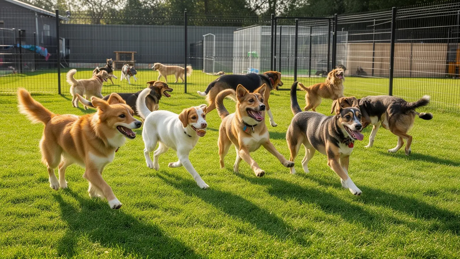 Group of dogs playing together outdoors during daycare group play