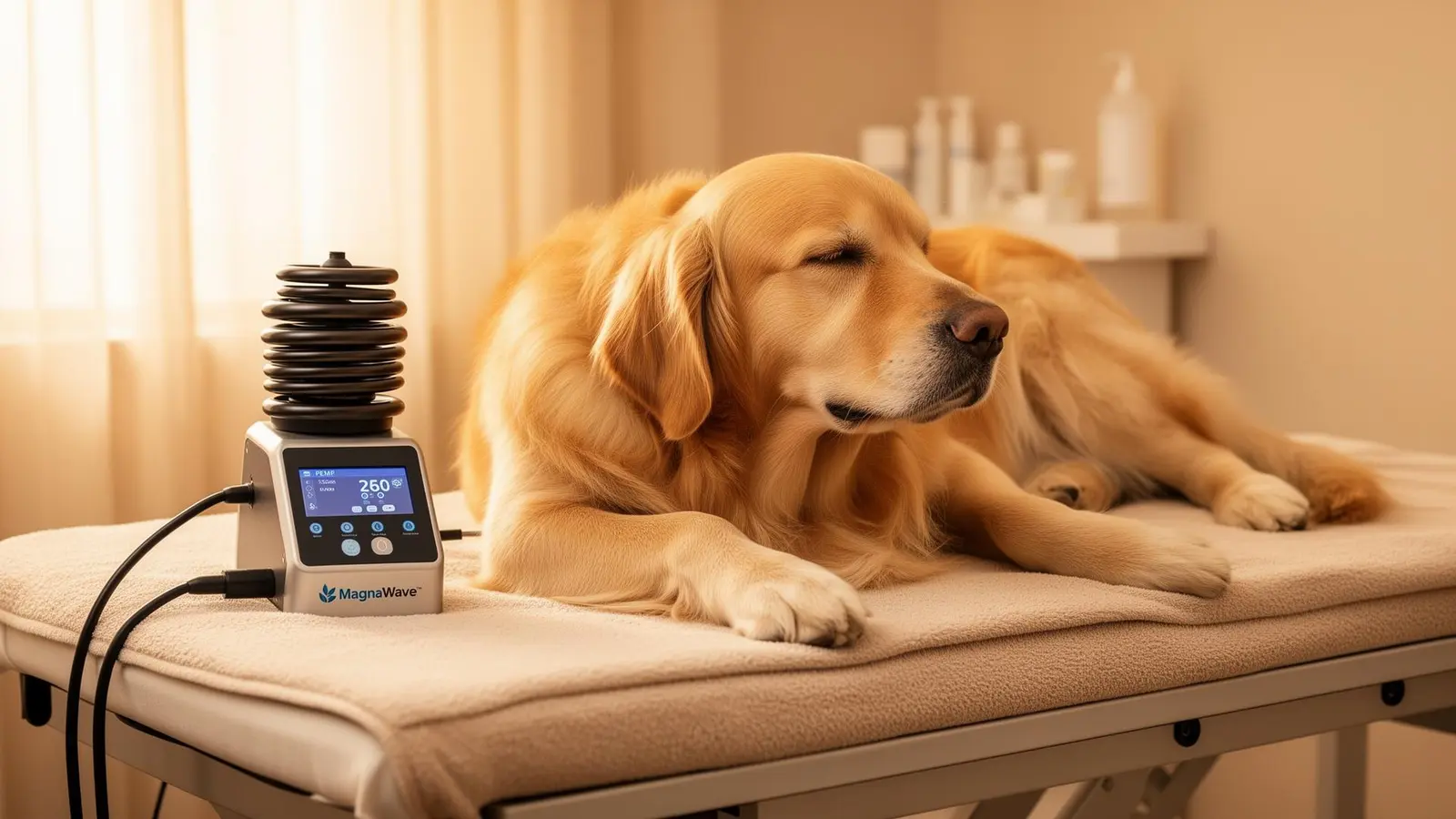 Dog lying calmly during a MagnaWave PEMF therapy session
