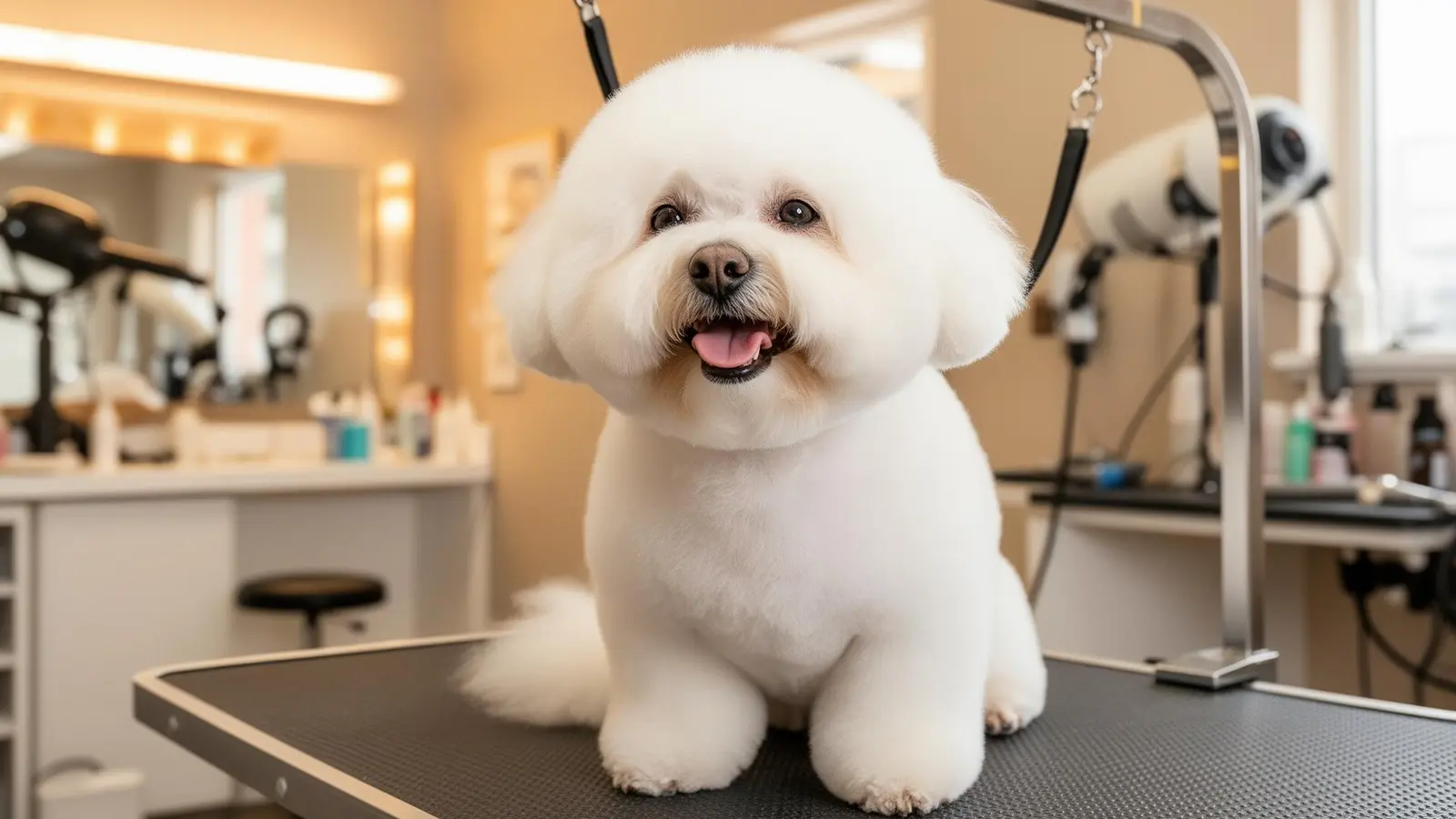 Groomer bathing and styling a dog in the grooming salon